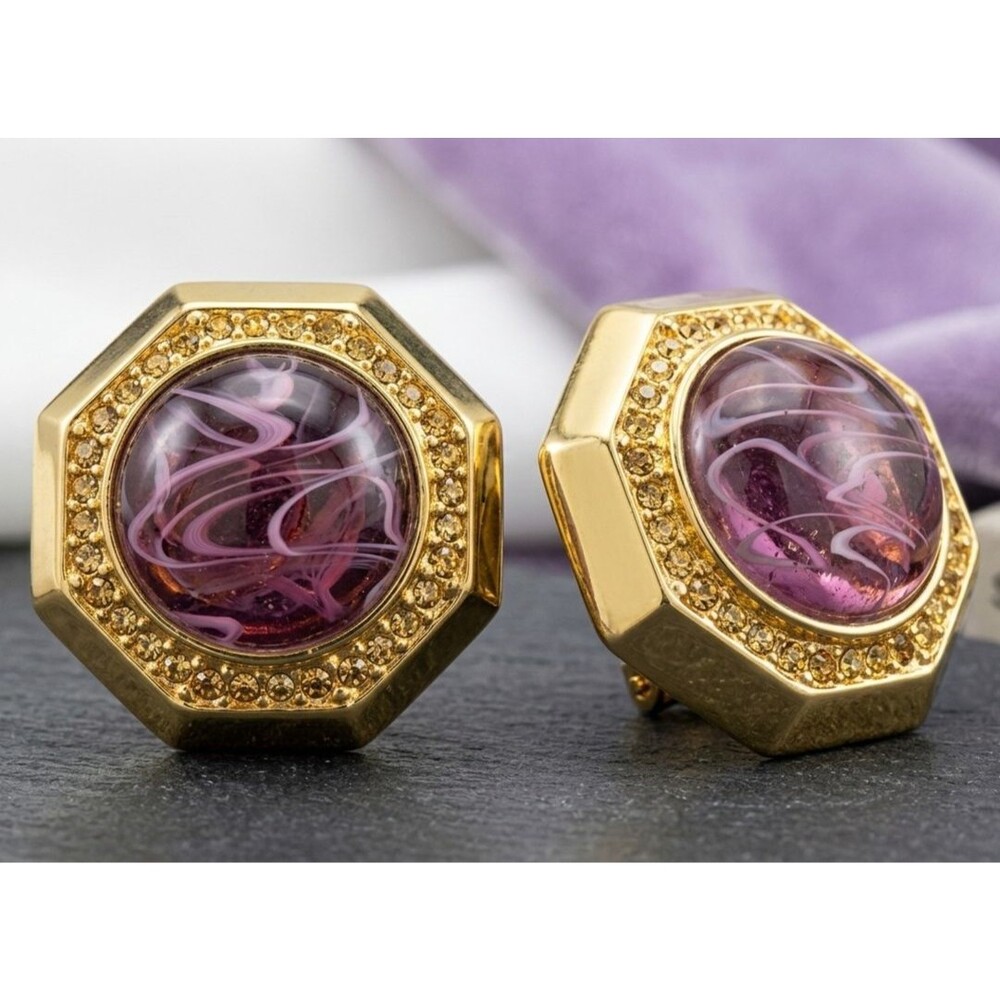 St. John Gold-Plated Vintage 90s Clip-On Earrings Purple Swirl Glass Cabochons